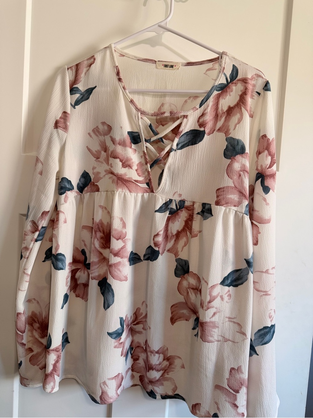 Floral Crisscross Peplum V-Neck Longsleeve Top - White with Blush Pink & Navy